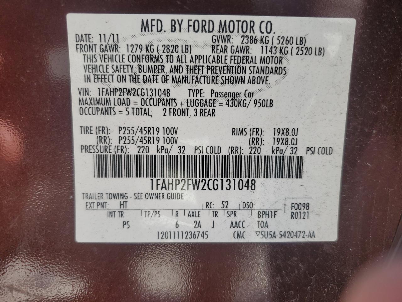 1FAHP2FW2CG131048 2012 Ford Taurus Limited