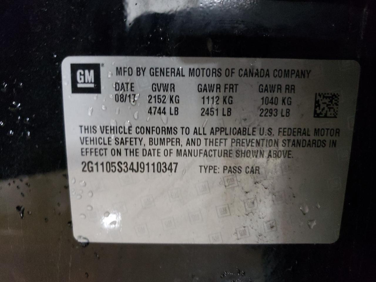 2G1105S34J9110347 2018 Chevrolet Impala Lt