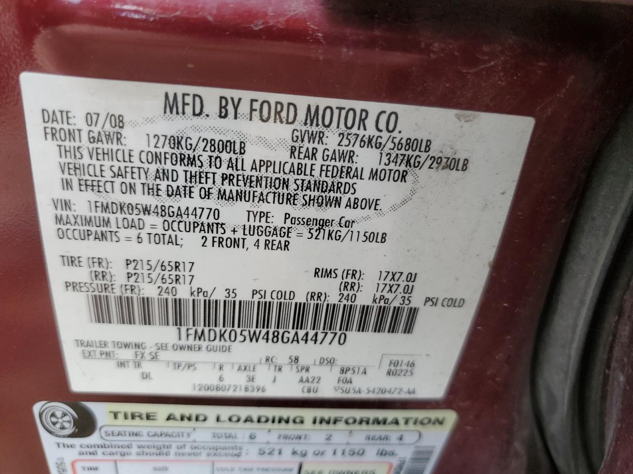 1FMDK05W48GA44770 2008 Ford Taurus X Sel