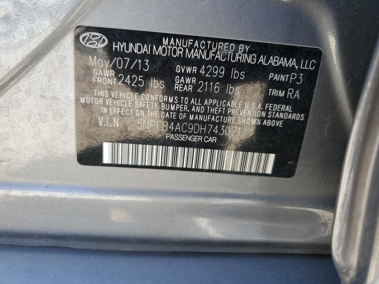 5NPEB4AC9DH743071 2013 Hyundai Sonata Gls