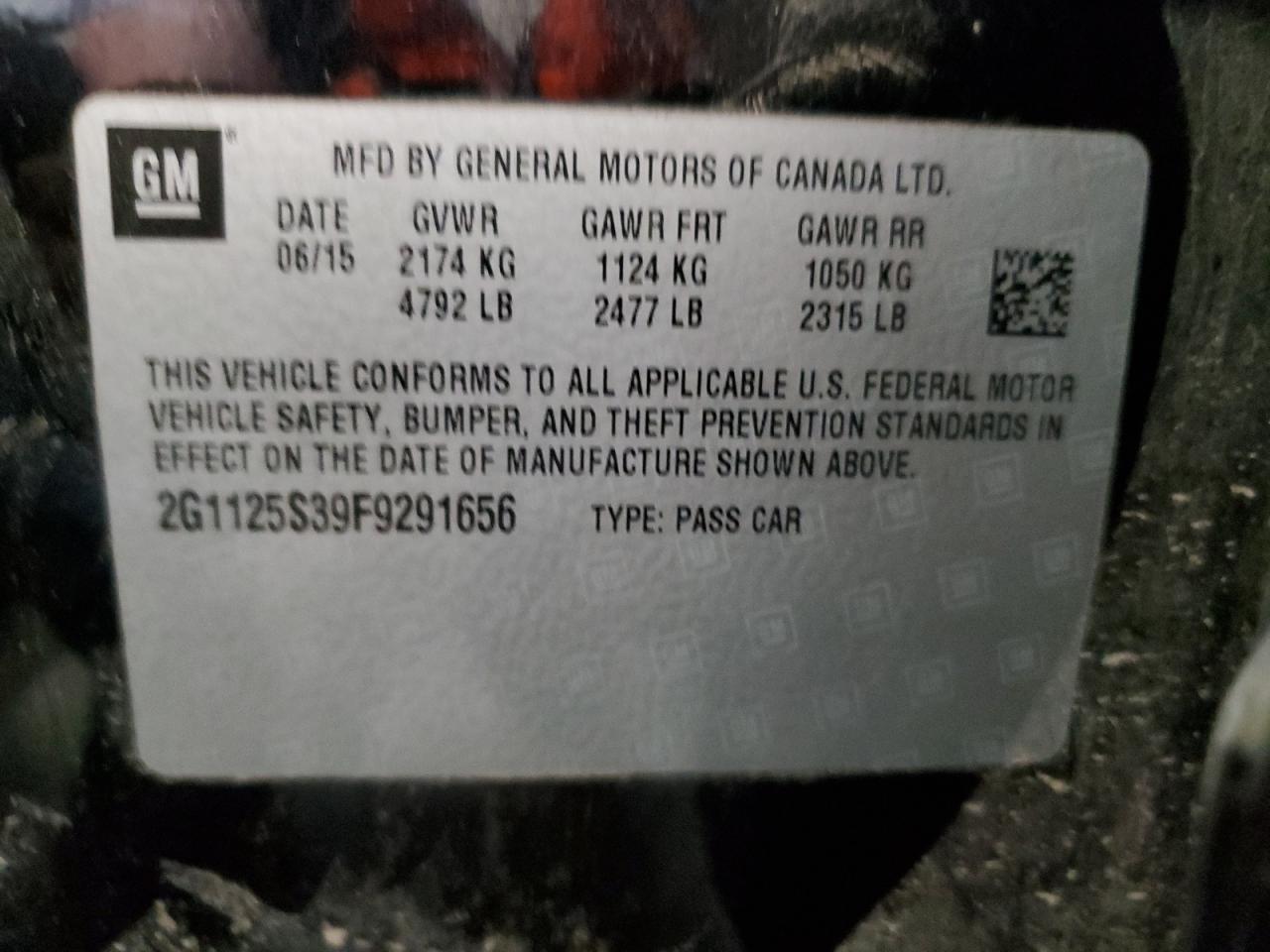 2G1125S39F9291656 2015 Chevrolet Impala Lt