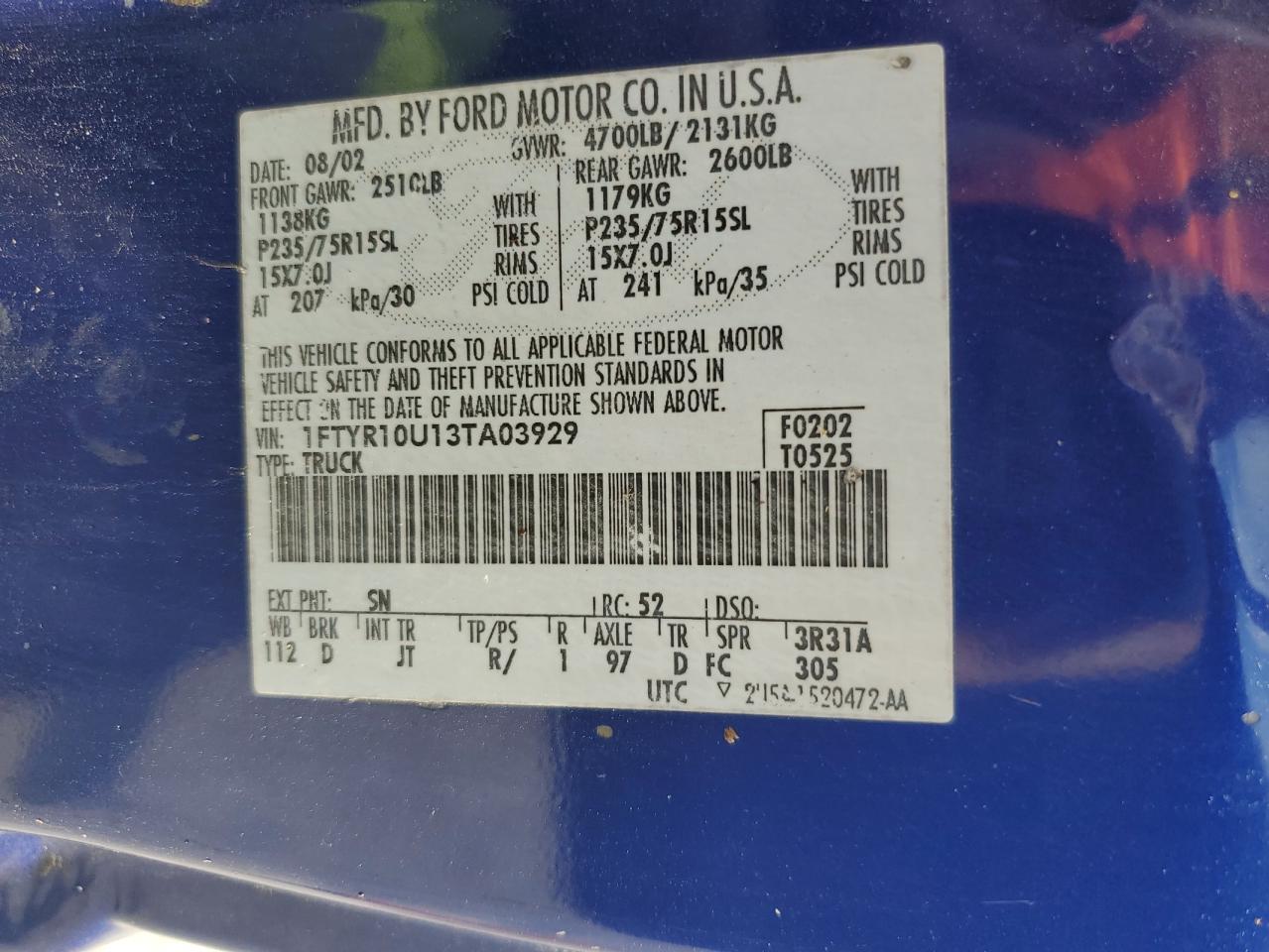 1FTYR10U13TA03929 2003 Ford Ranger