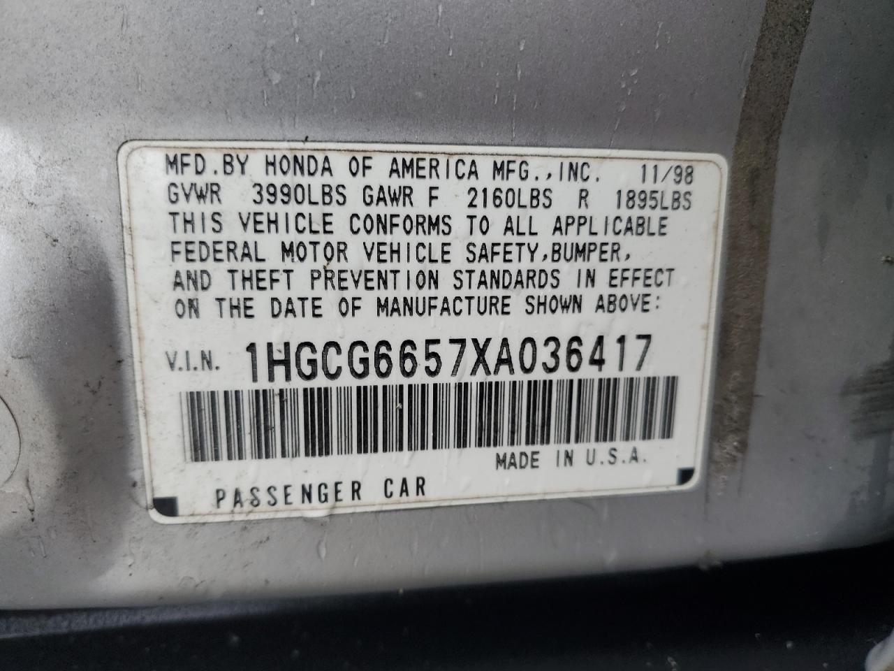 1HGCG6657XA036417 1999 Honda Accord Lx