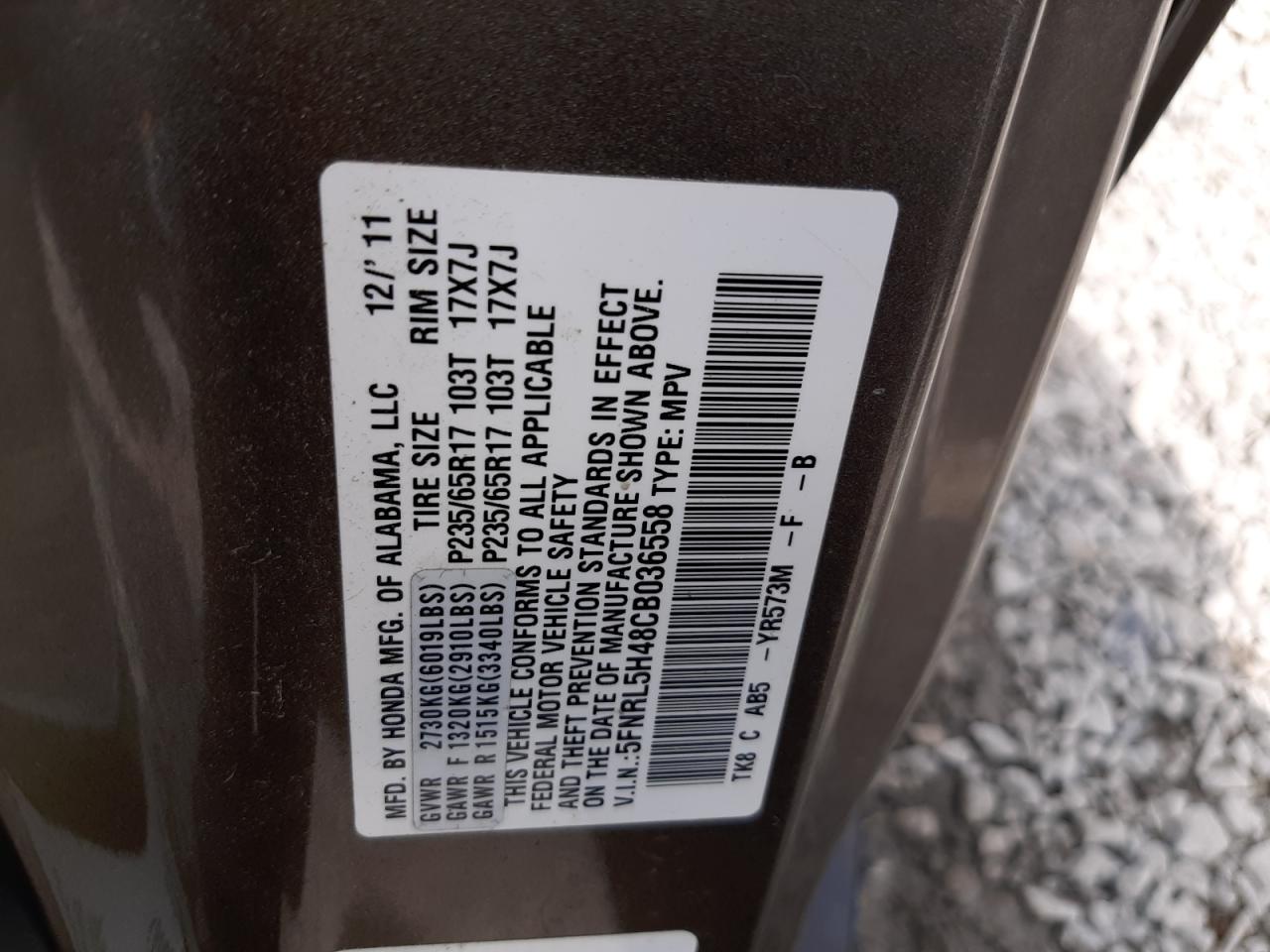 5FNRL5H48CB036558 2012 Honda Odyssey Ex