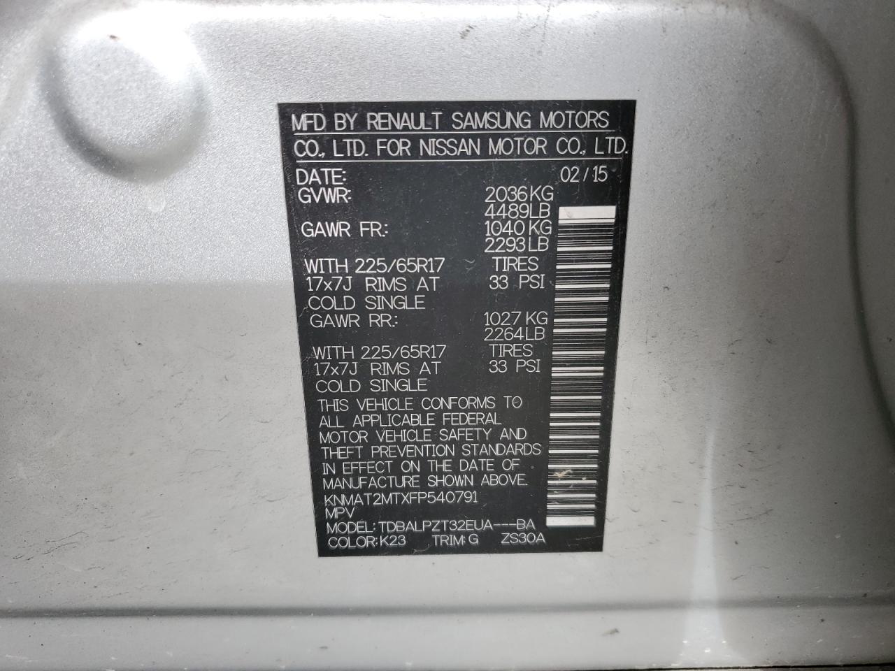 KNMAT2MTXFP540791 2015 Nissan Rogue S