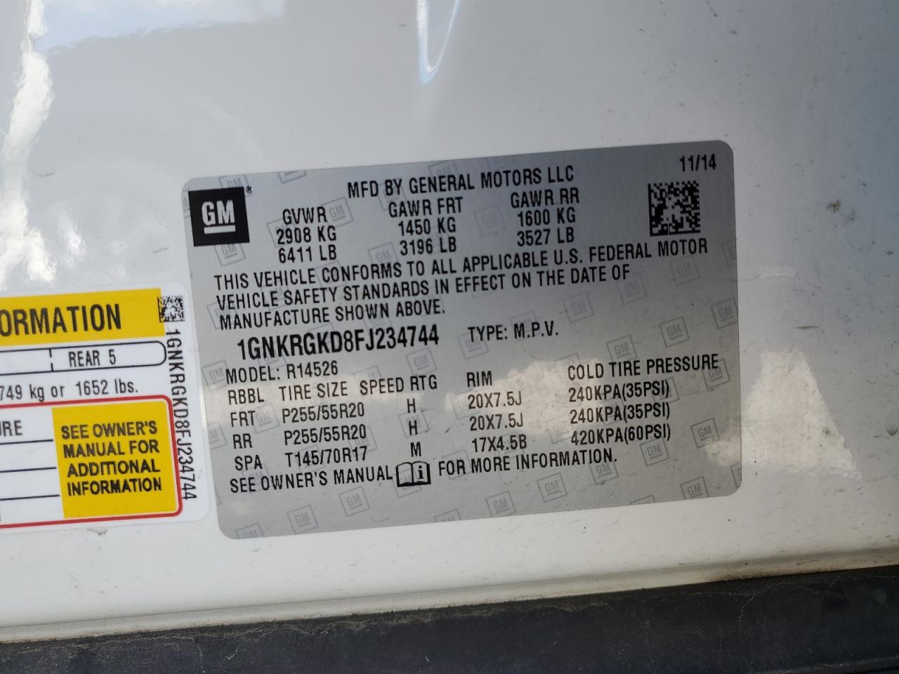 1GNKRGKD8FJ234744 2015 Chevrolet Traverse Lt