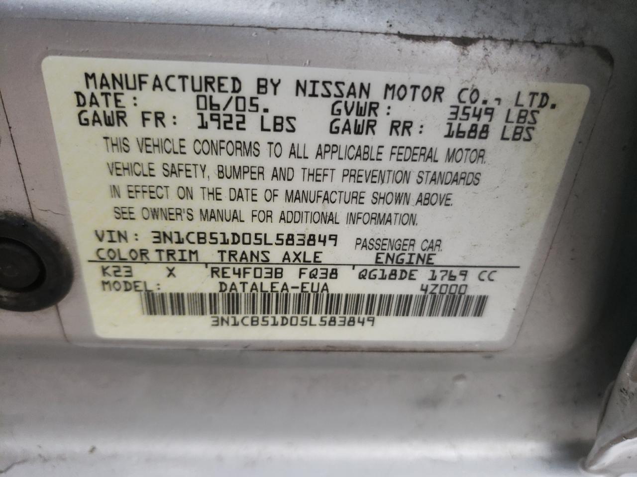 3N1CB51D05L583849 2005 Nissan Sentra 1.8