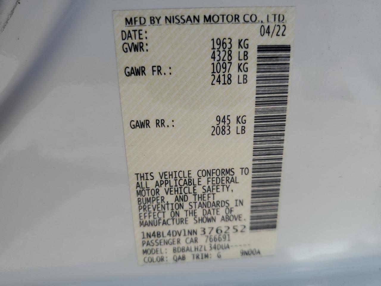 1N4BL4DV1NN376252 2022 Nissan Altima Sv