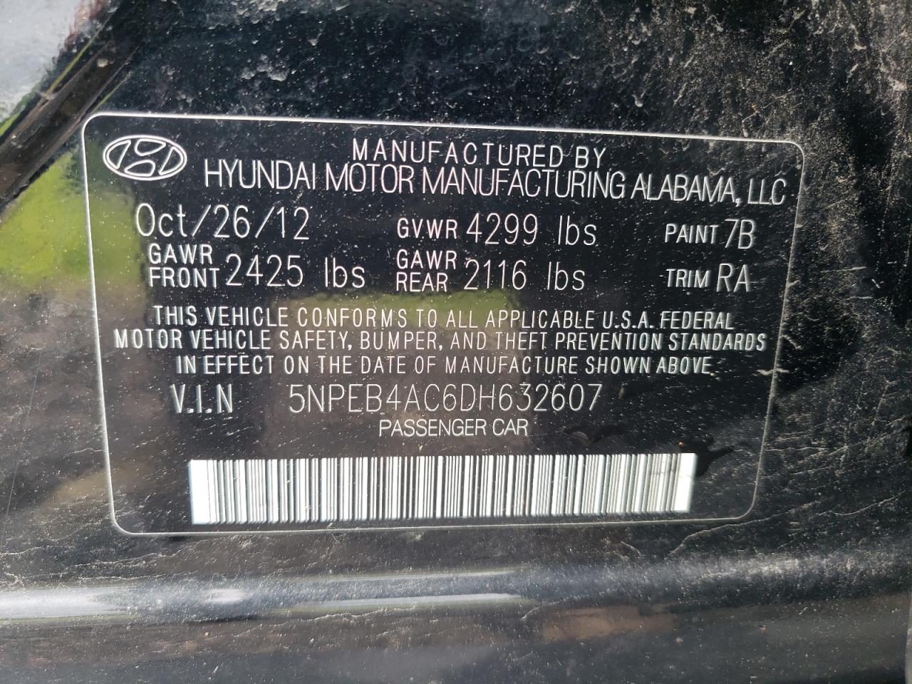 5NPEB4AC6DH632607 2013 Hyundai Sonata Gls