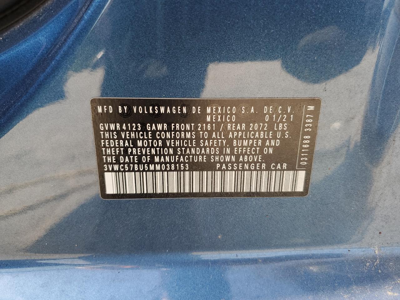 3VWC57BU5MM038153 2021 Volkswagen Jetta S