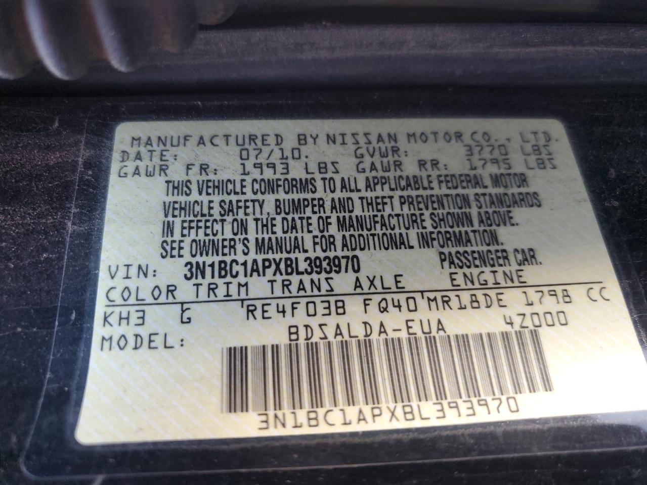 3N1BC1APXBL393970 2011 Nissan Versa S