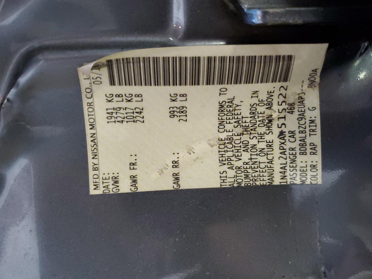 1N4AL2APXAN515522 2010 Nissan Altima Base