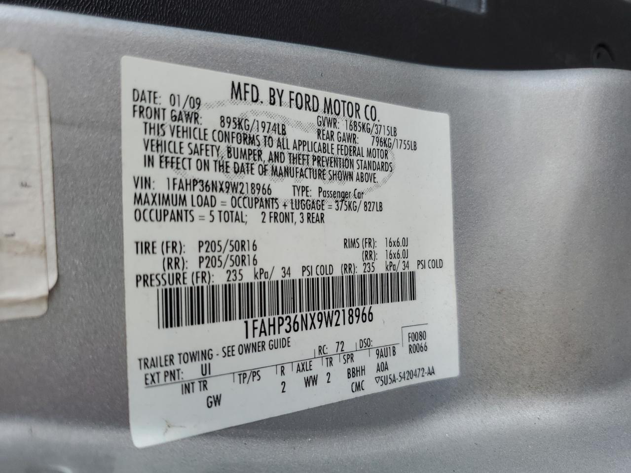 1FAHP36NX9W218966 2009 Ford Focus Ses