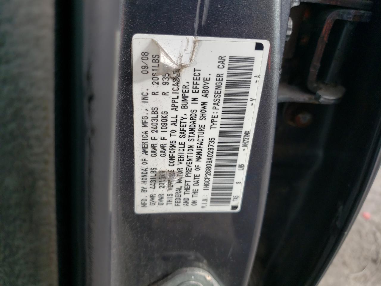 1HGCP26809A029735 2009 Honda Accord Exl