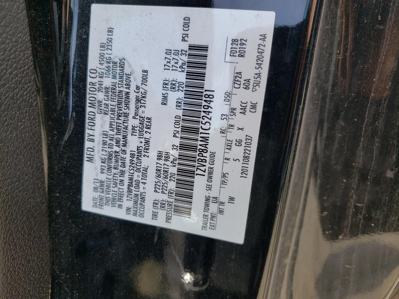 1ZVBP8AM1C5249481 2012 Ford Mustang