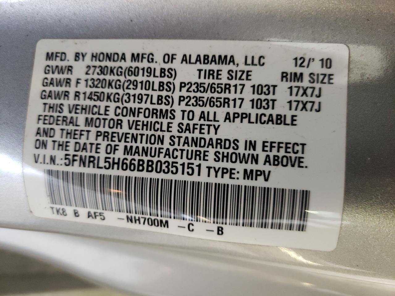 5FNRL5H66BB035151 2011 Honda Odyssey Exl