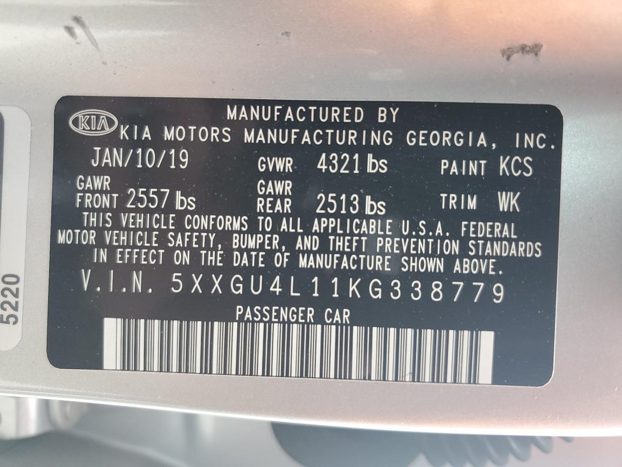 5XXGU4L11KG338779 2019 Kia Optima Ex