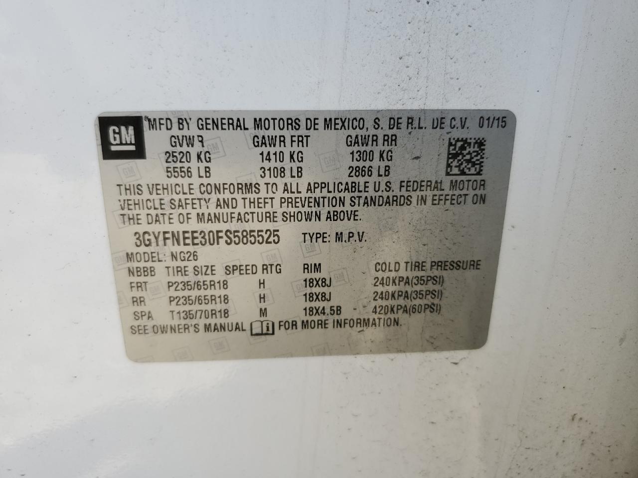 3GYFNEE30FS585525 2015 Cadillac Srx Luxury Collection