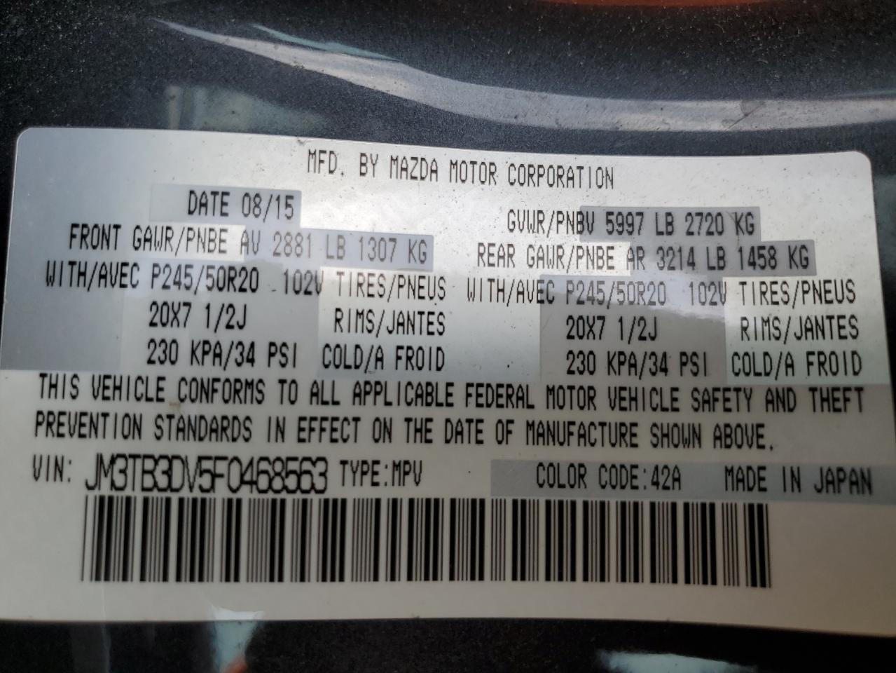 L0T55045374 2015 Mazda Cx-9 Grand Touring