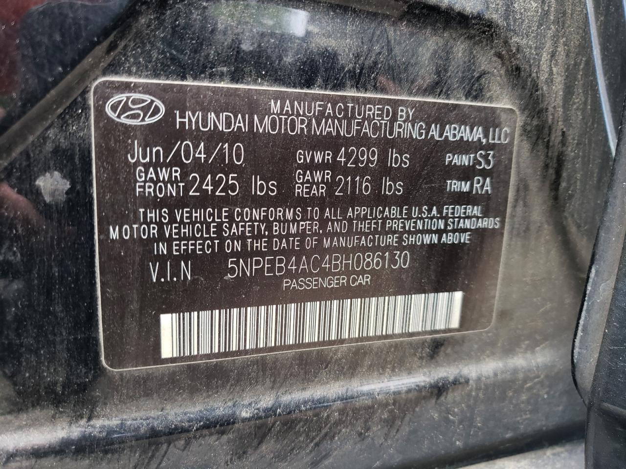 5NPEB4AC4BH086130 2011 Hyundai Sonata Gls