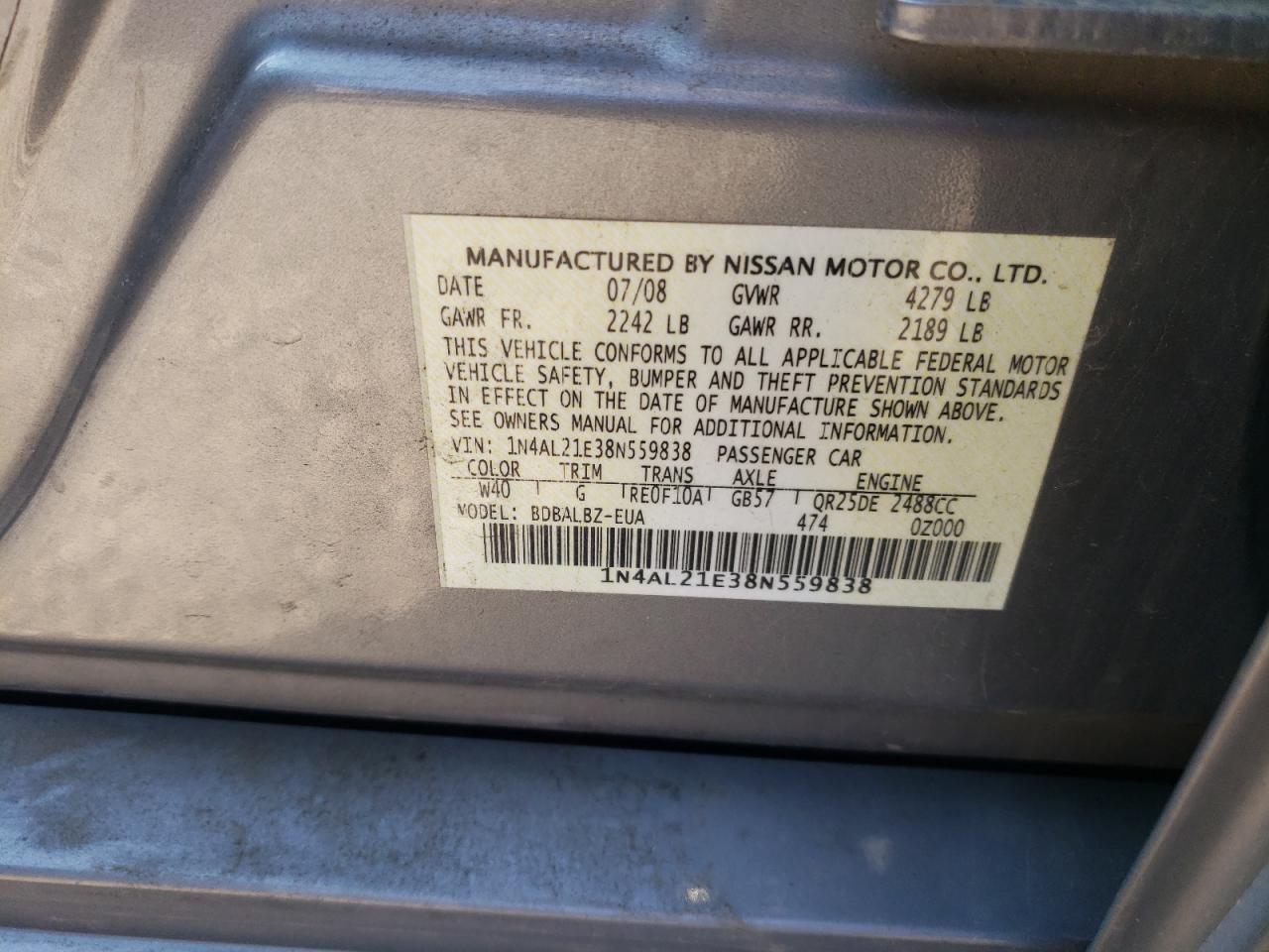 1N4AL21E38N559838 2008 Nissan Altima 2.5