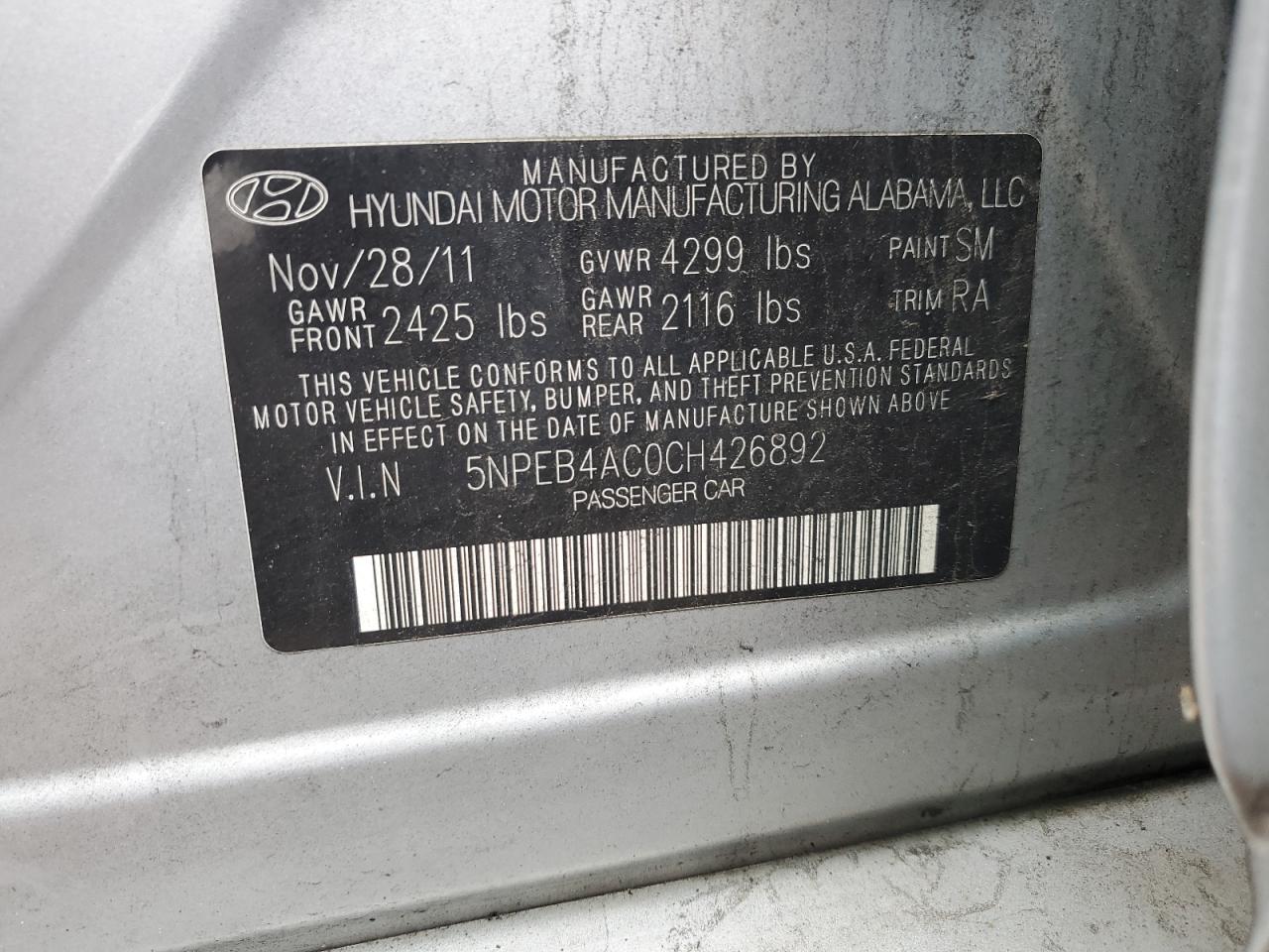 5NPEB4AC0CH426892 2012 Hyundai Sonata Gls
