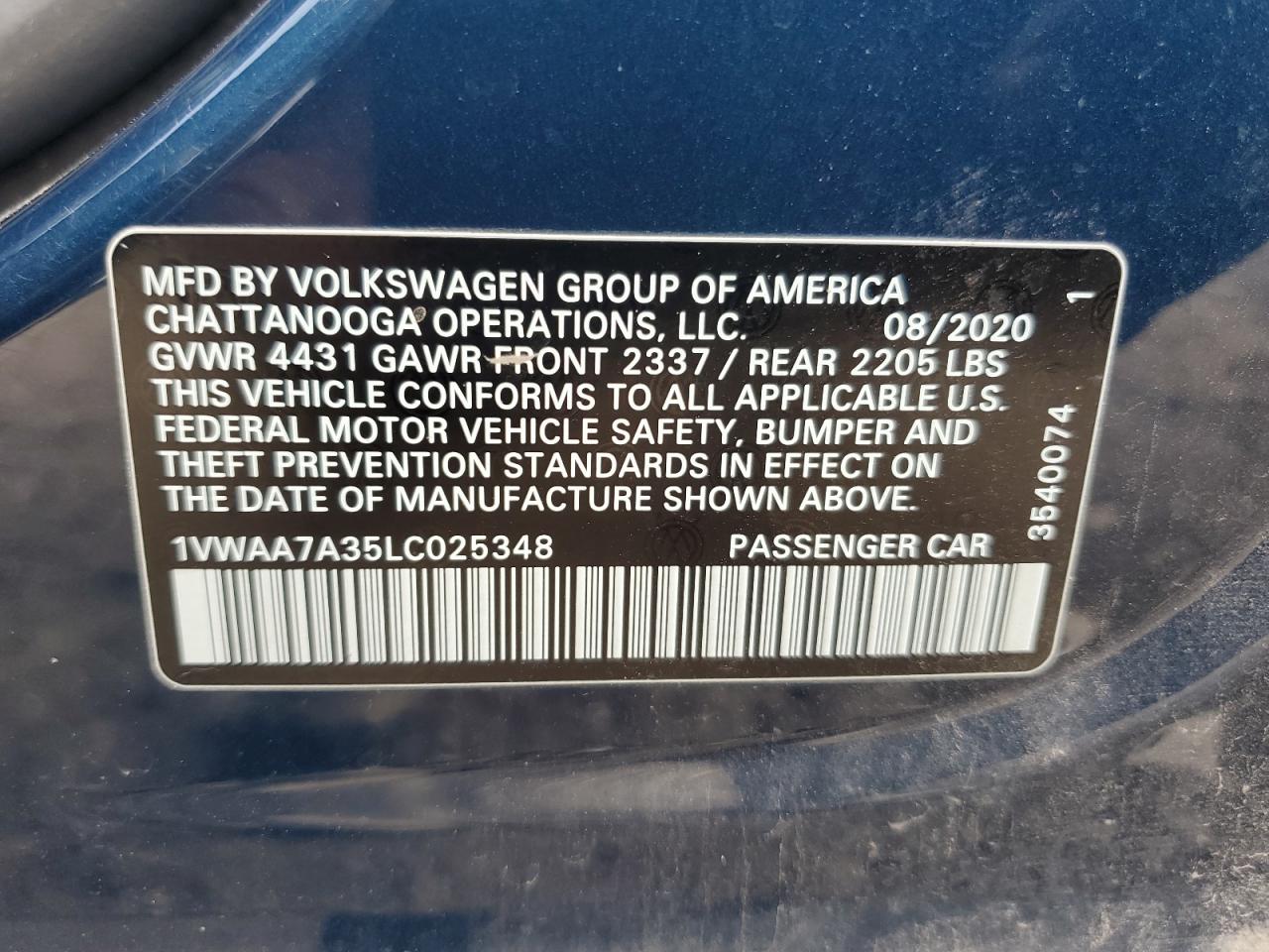 1VWAA7A35LC025348 2020 Volkswagen Passat S