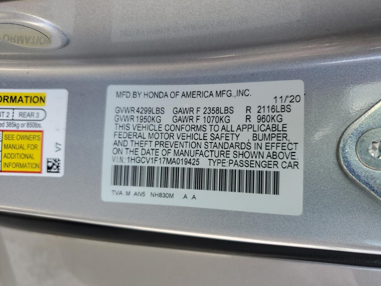 2021 Honda Accord Lx vin: 1HGCV1F17MA019425