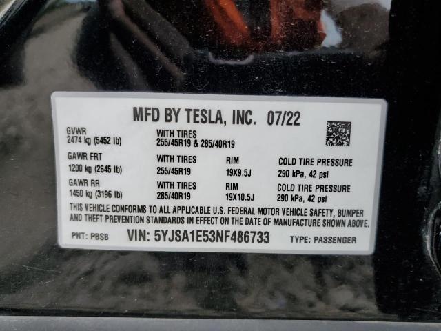 2022 Tesla Model S VIN: 5YJSA1E53NF486733 Lot: 56633074