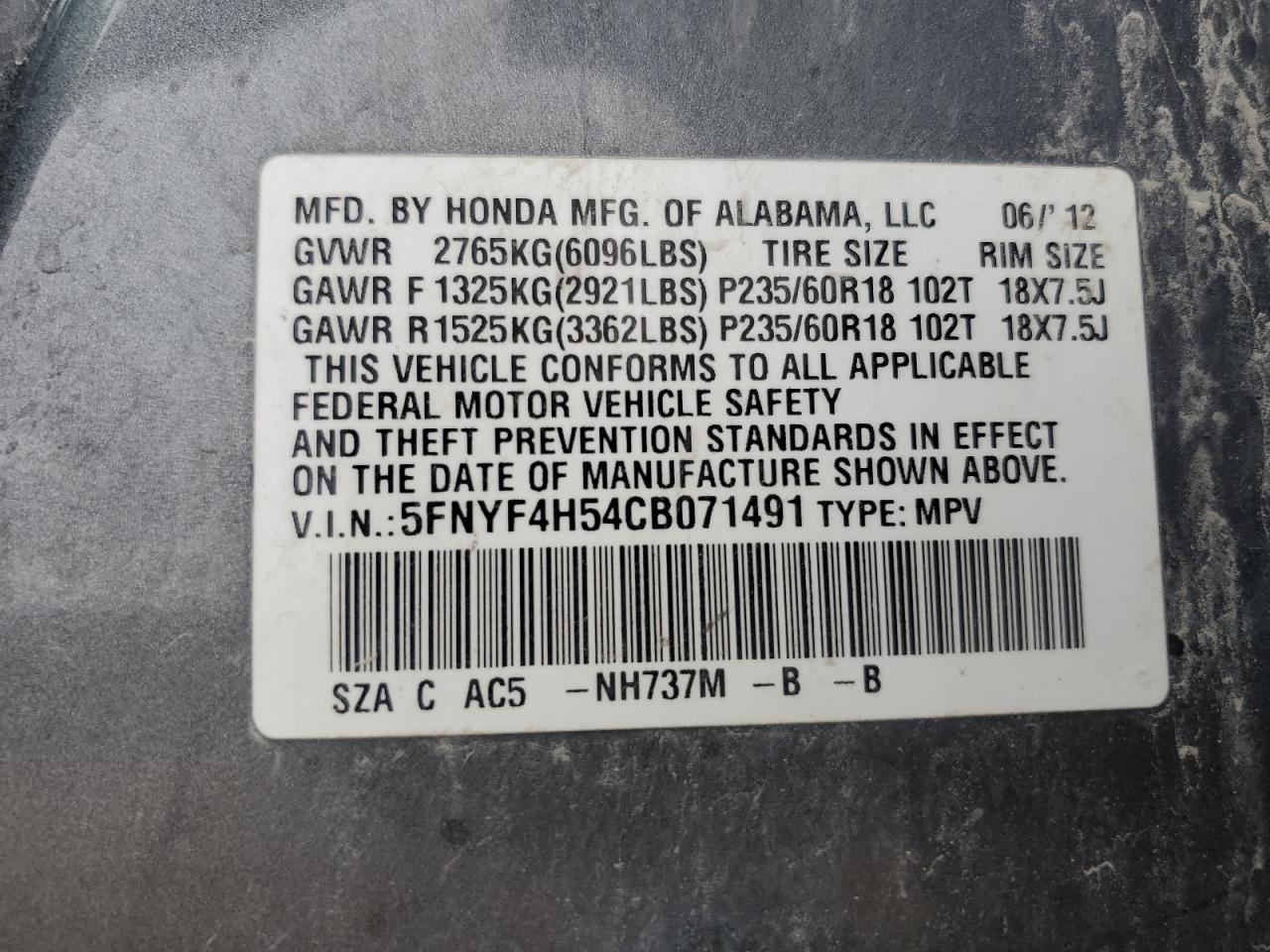 5FNYF4H54CB071491 2012 Honda Pilot Exl