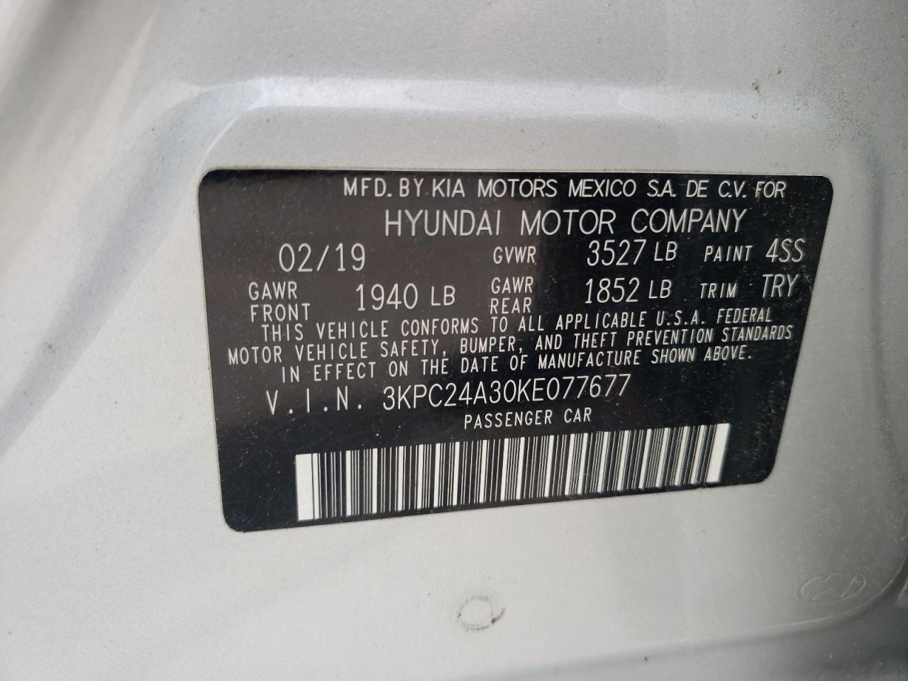 3KPC24A30KE077677 2019 Hyundai Accent Se