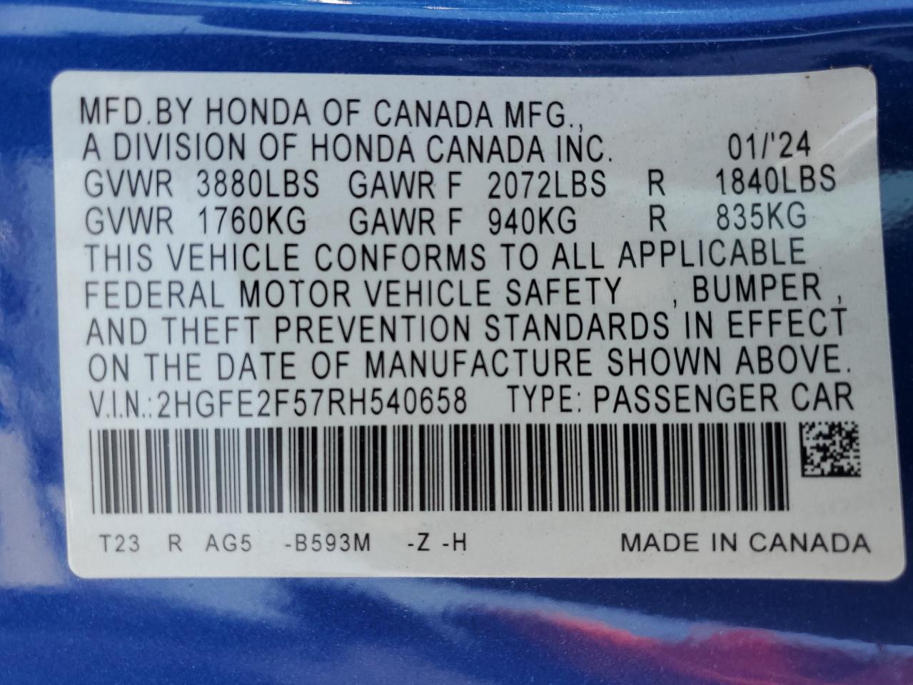 2HGFE2F57RH540658 2024 Honda Civic Sport 2HGFE2F57RH540658 2024 Honda Civic Sport