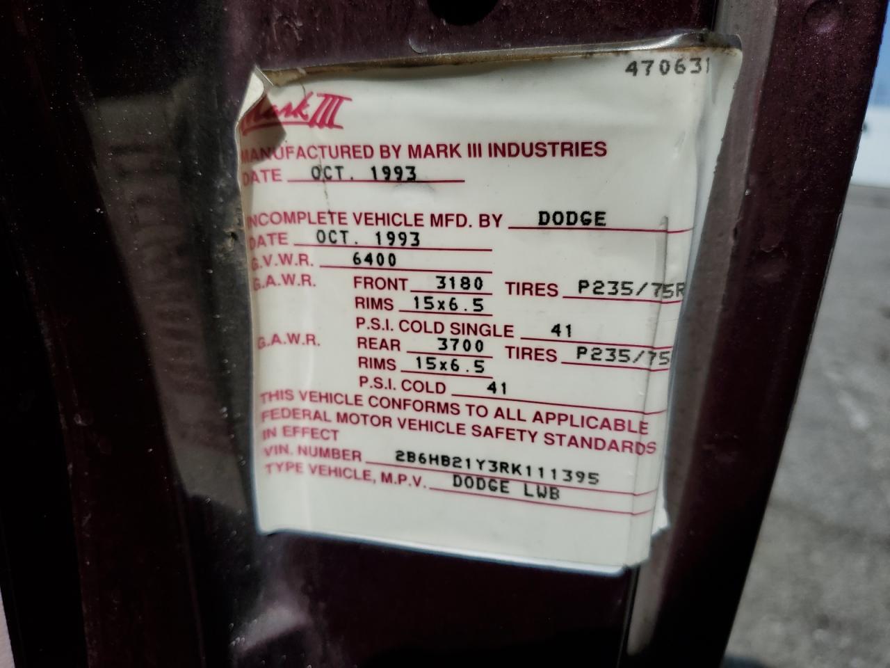 2B6HB21Y3RK111395 1994 Dodge Ram Van B250