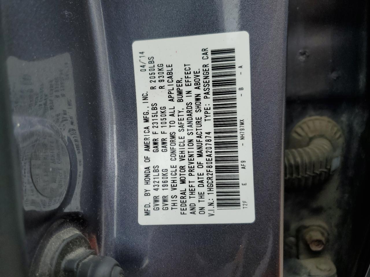 1HGCR2F80EA207874 2014 Honda Accord Exl