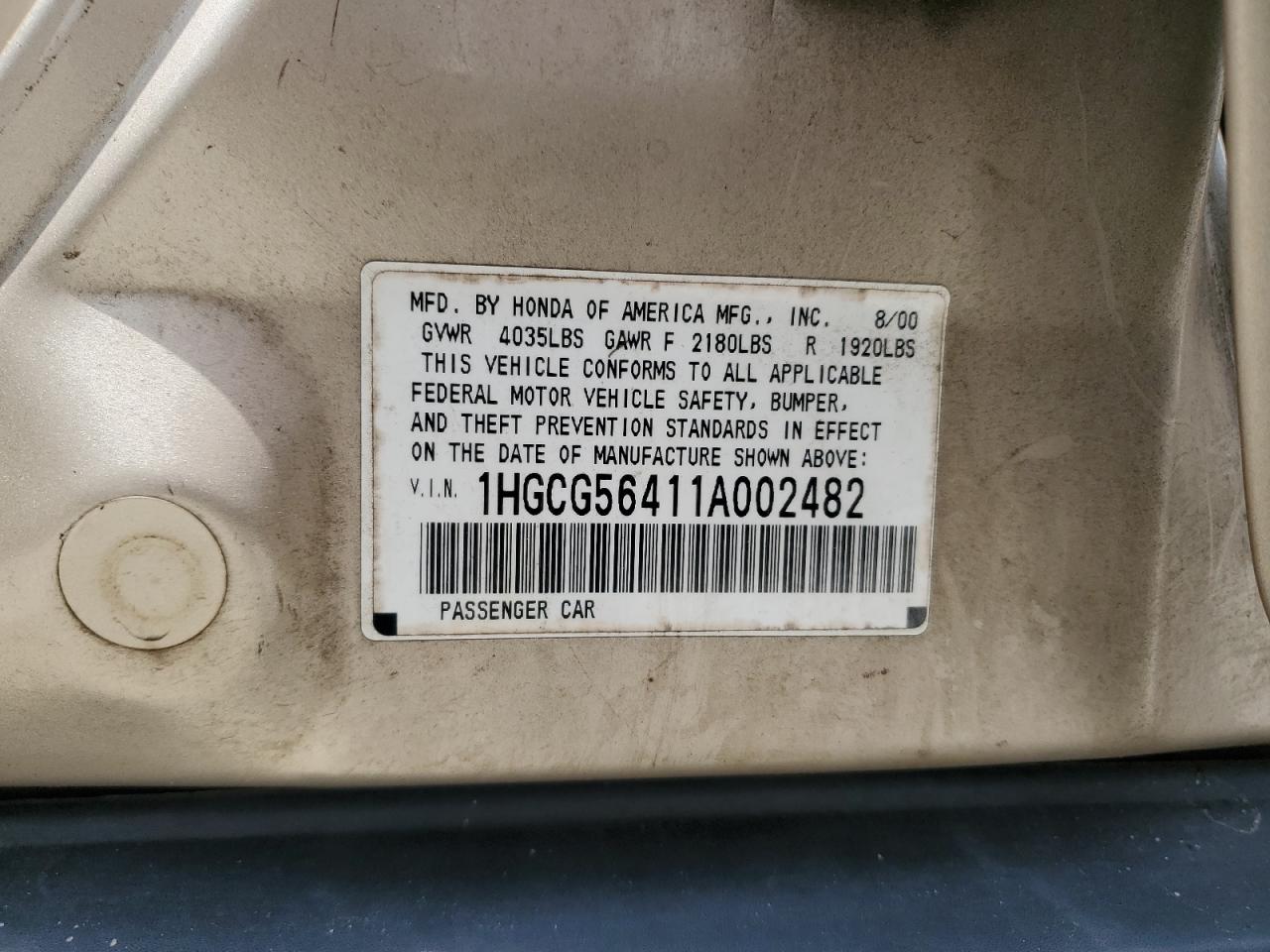 1HGCG56411A002482 2001 Honda Accord Lx