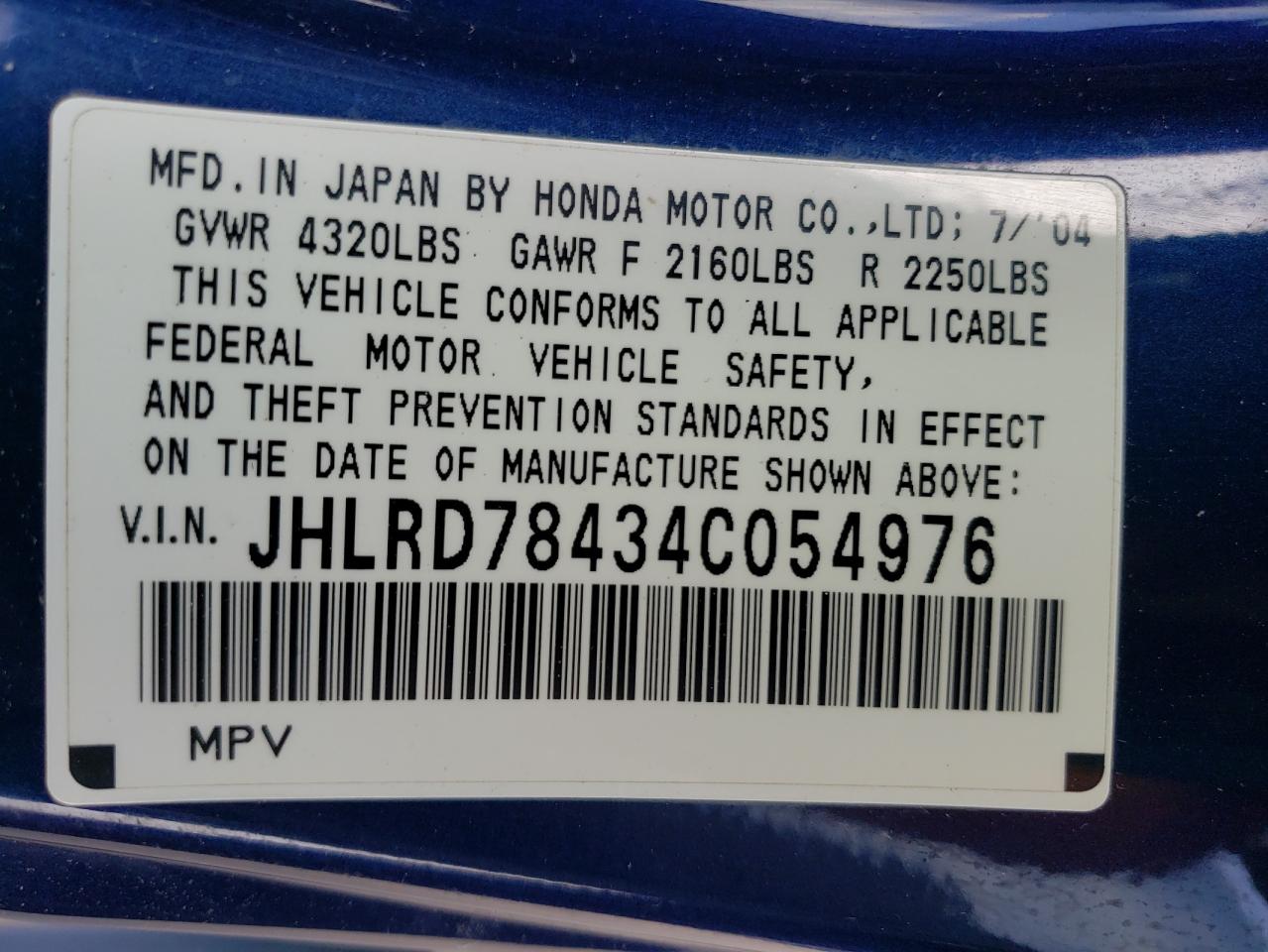 JHLRD78434C054976 2004 Honda Cr-V Lx