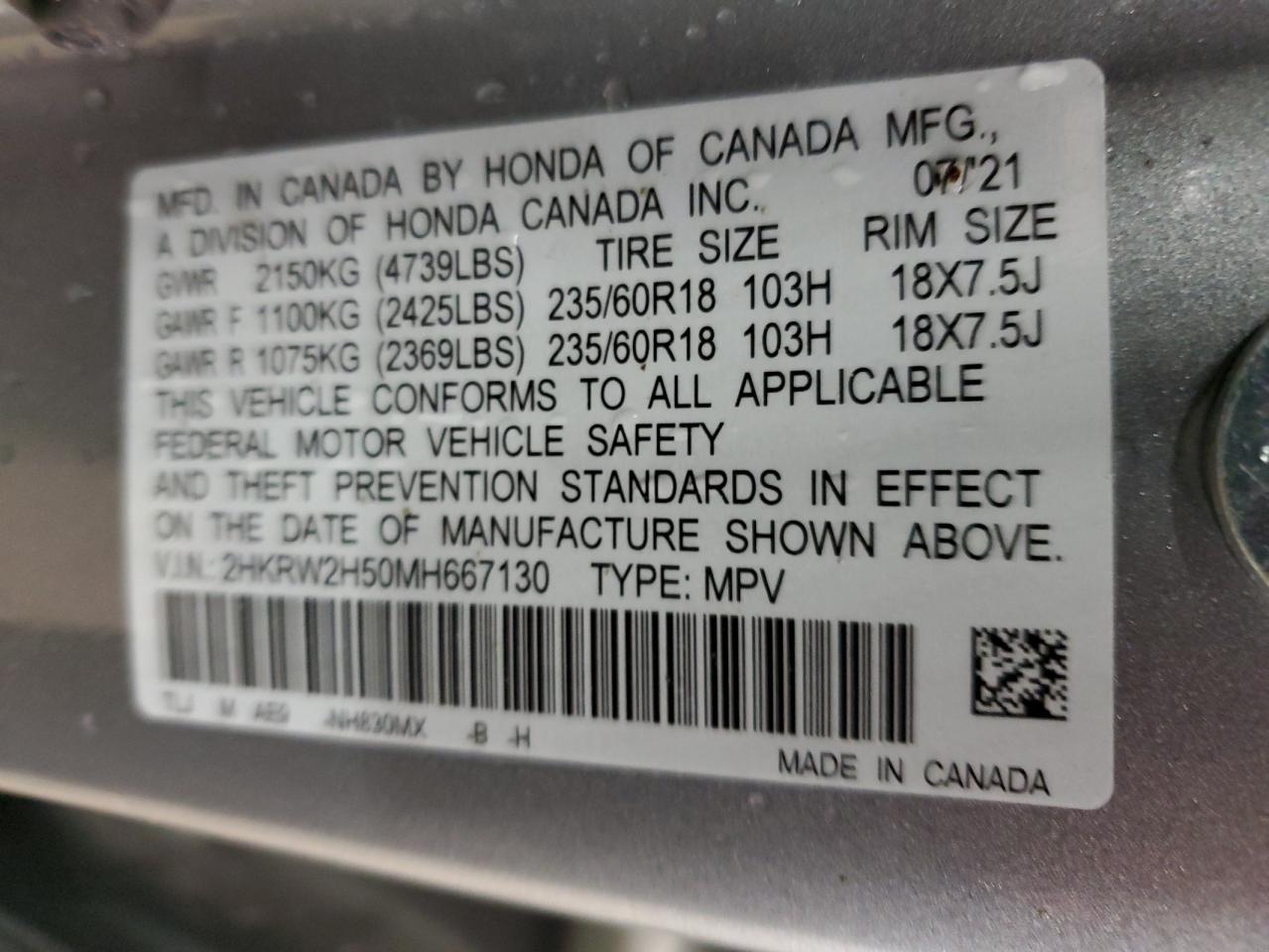 2HKRW2H50MH667130 2021 Honda Cr-V Ex