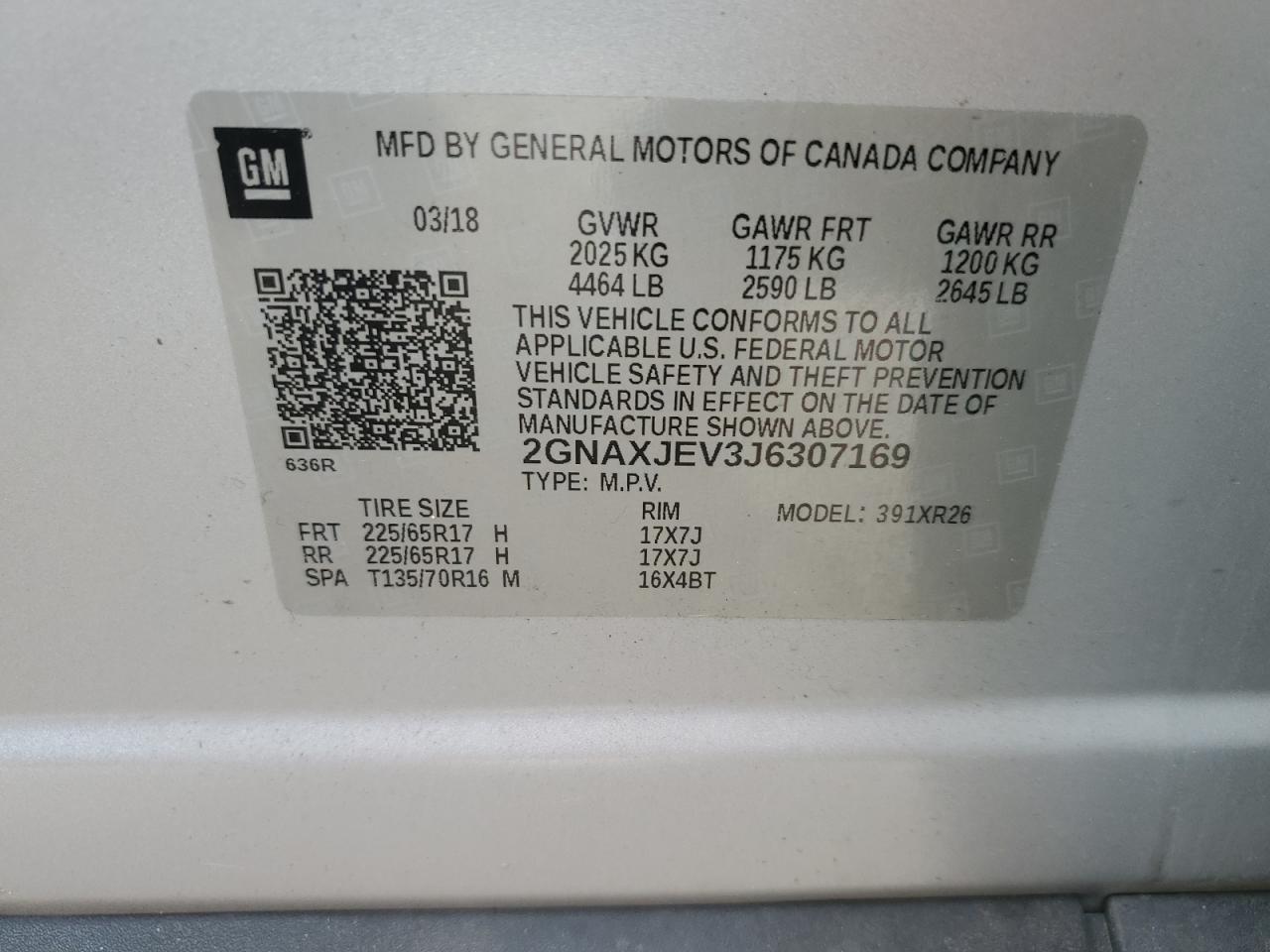 2GNAXJEV3J6307169 2018 Chevrolet Equinox Lt