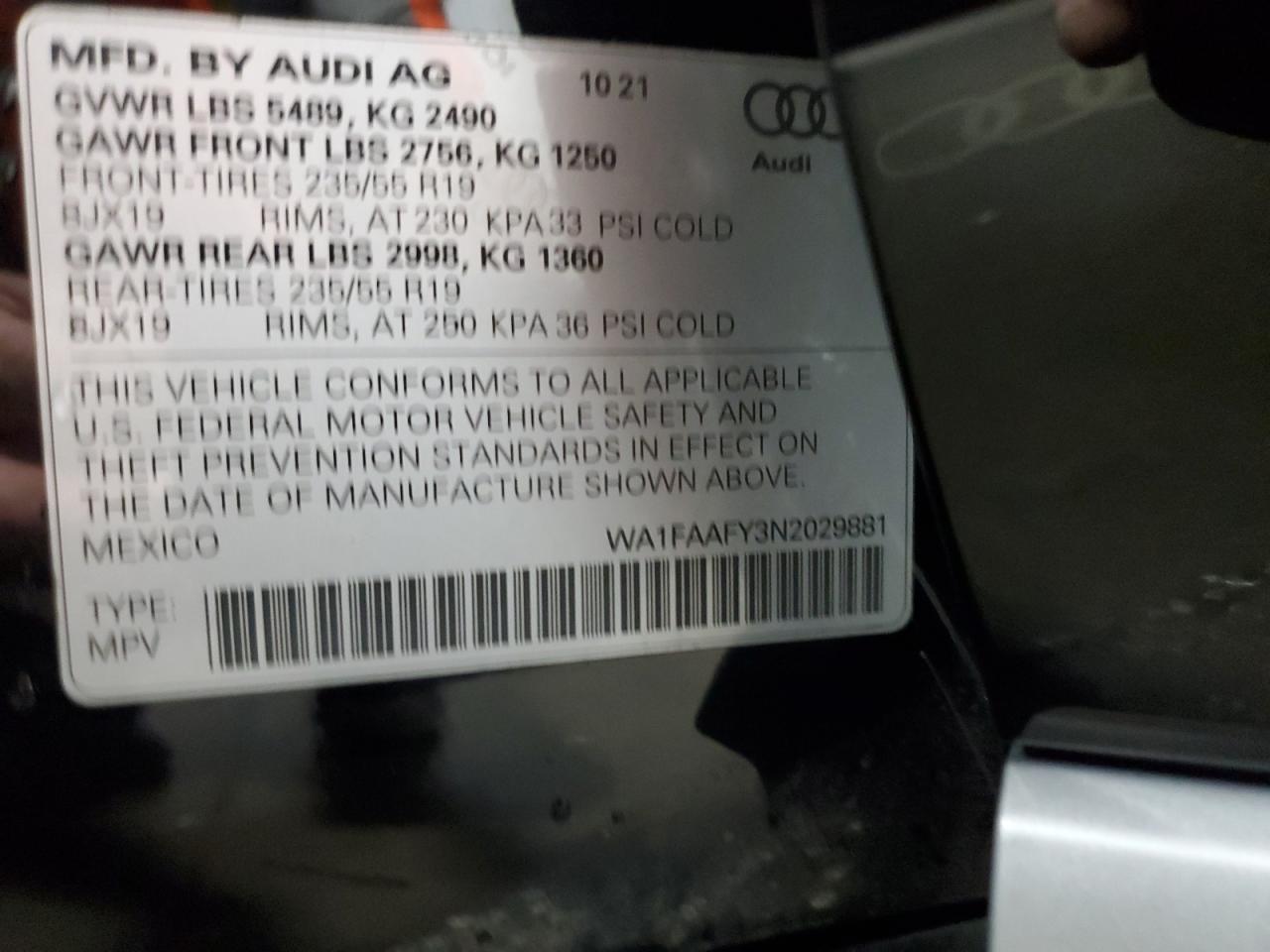 WA1FAAFY3N2029881 2022 Audi Q5 Prestige 45