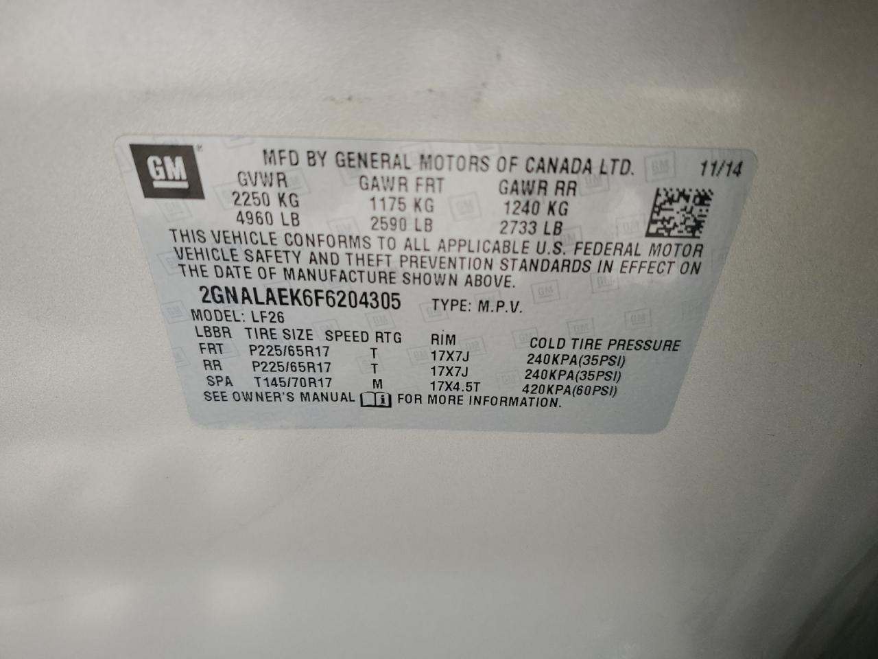 2GNALAEK6F6204305 2015 Chevrolet Equinox Ls