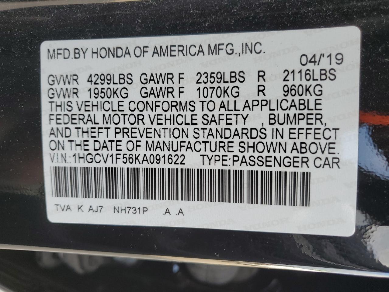 1HGCV1F56KA091622 2019 Honda Accord Exl