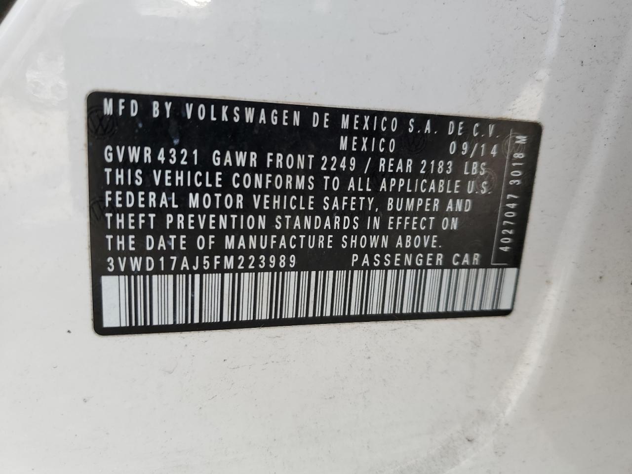 3VWD17AJ5FM223989 2015 Volkswagen Jetta Se