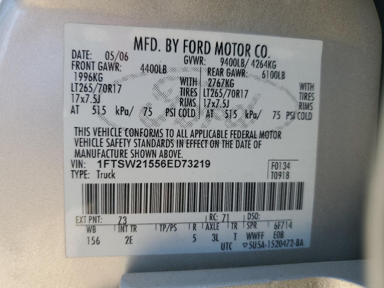 1FTSW21556ED73219 2006 Ford F250 Super Duty