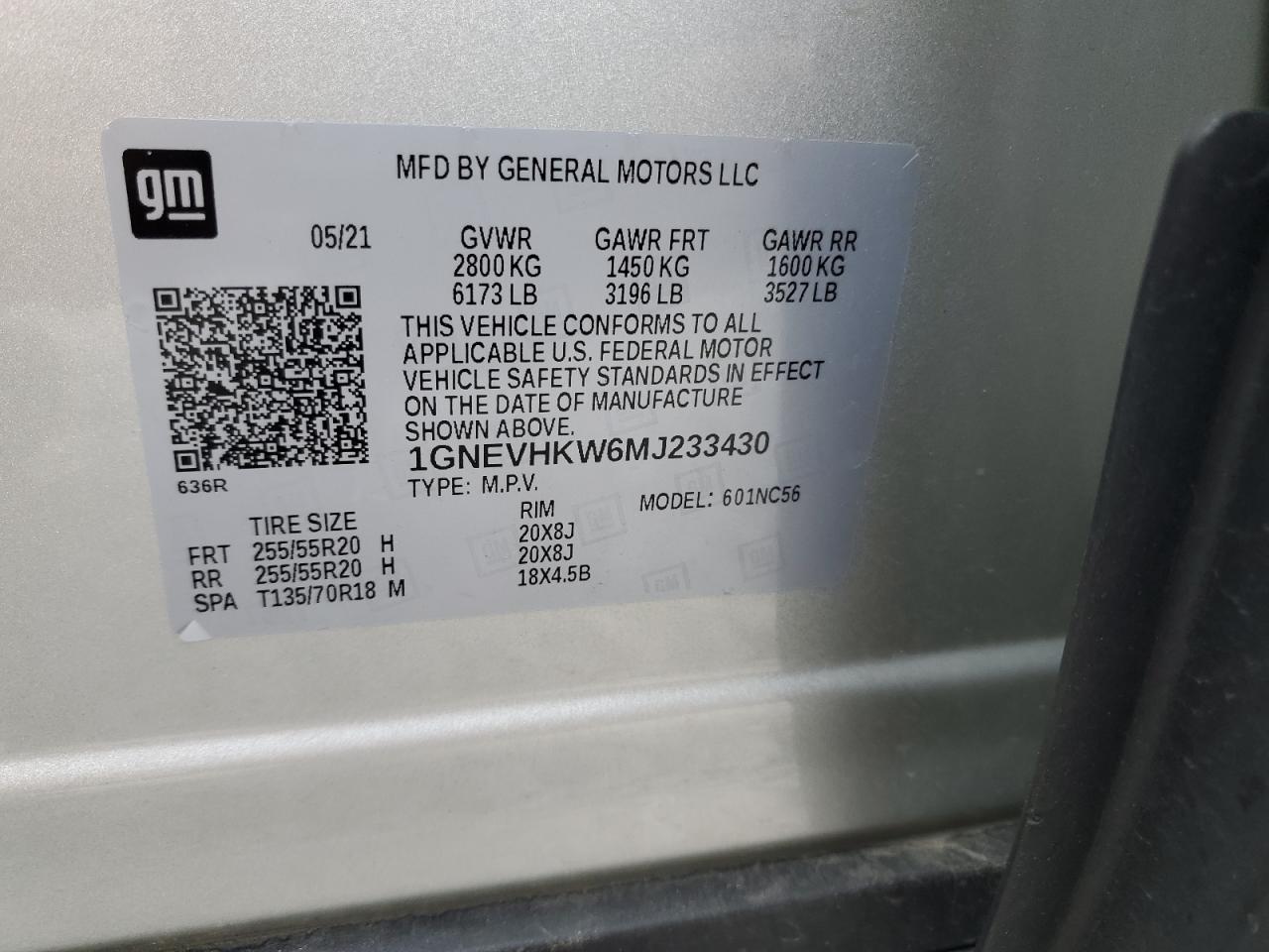 1GNEVHKW6MJ233430 2021 Chevrolet Traverse Lt