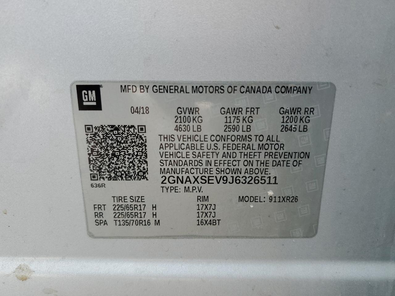 2GNAXSEV9J6326511 2018 Chevrolet Equinox Lt