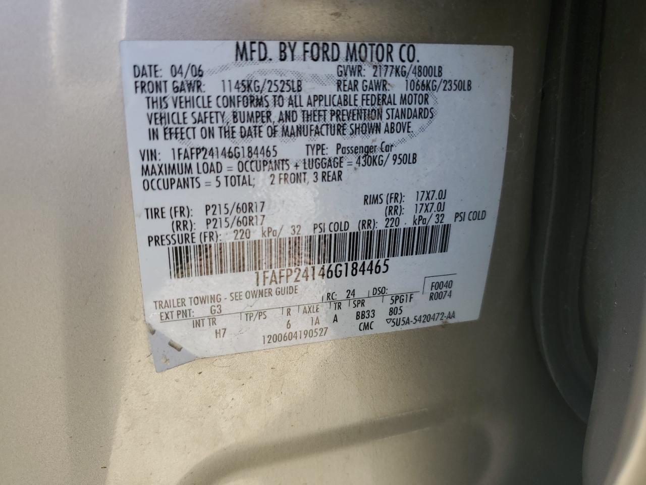 1FAFP24146G184465 2006 Ford Five Hundred Sel