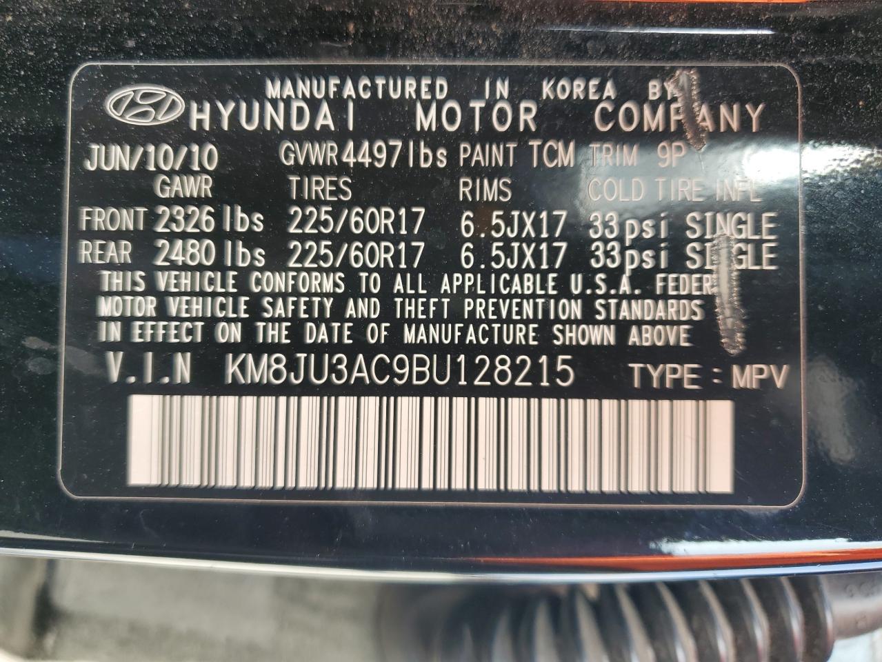 KM8JU3AC9BU128215 2011 Hyundai Tucson Gls
