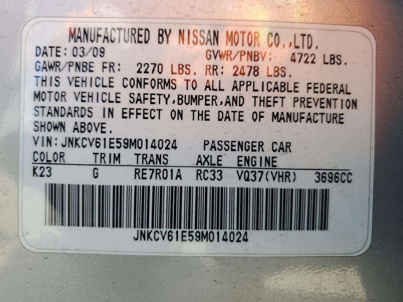JNKCV61E59M014024 2009 Infiniti G37 Base