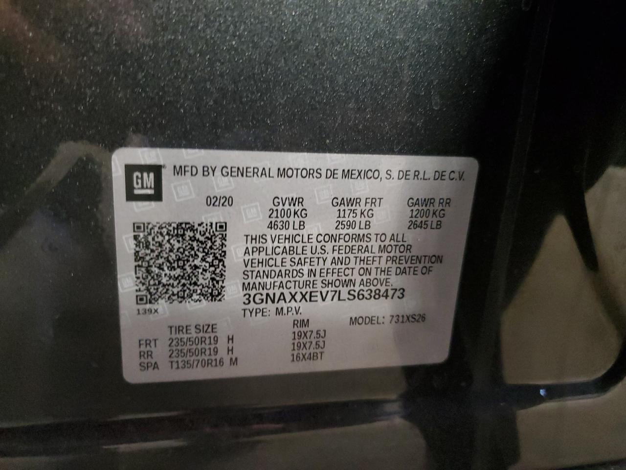 3GNAXXEV7LS638473 2020 Chevrolet Equinox Premier