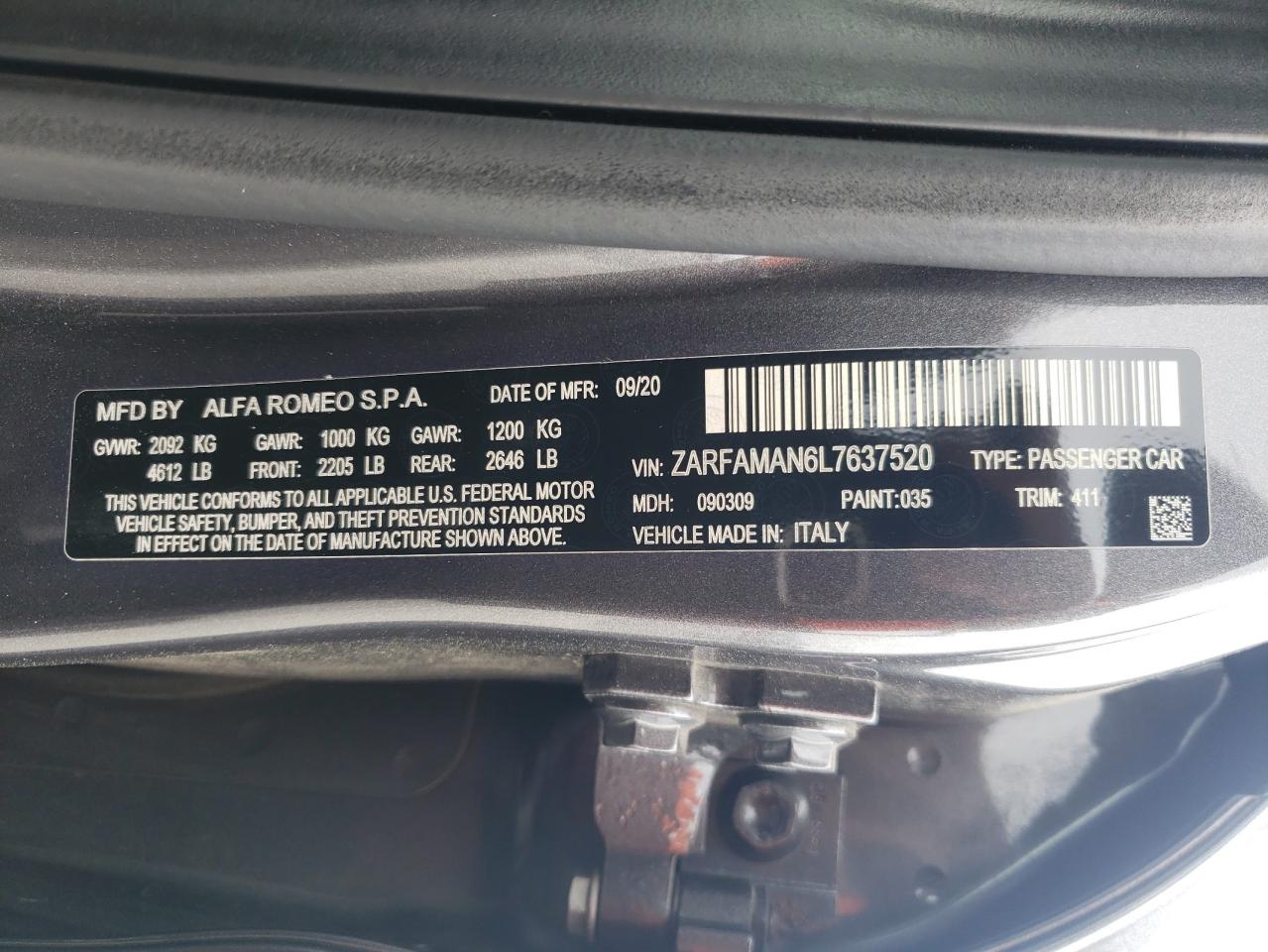 ZARFAMAN6L7637520 2020 Alfa Romeo Giulia
